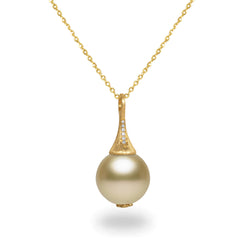 14-15mm Golden South Sea Pearl and Diamond 14K Yellow Gold Pendant Necklace