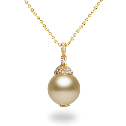 14-15mm Golden South Sea Pearl and Diamond 14K Yellow Gold Pendant Necklace