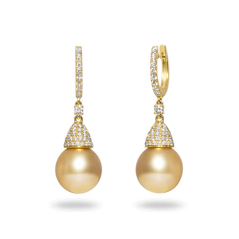 9-10 mm Golden South Sea Pearl and Diamond Earrings