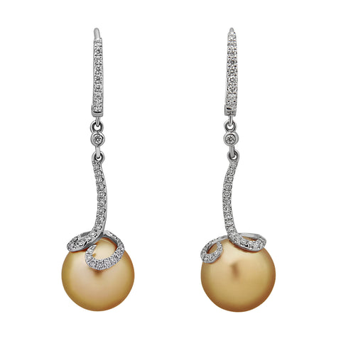 Oscar Collection  11-13mm Natural Color White South Sea Cultured Pearl and Diamond Earrings