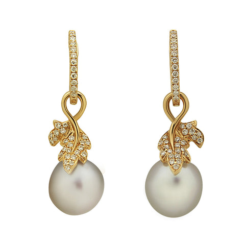 Leaf Collection 10-11mm White South Sea Pearl and Diamond Earrings