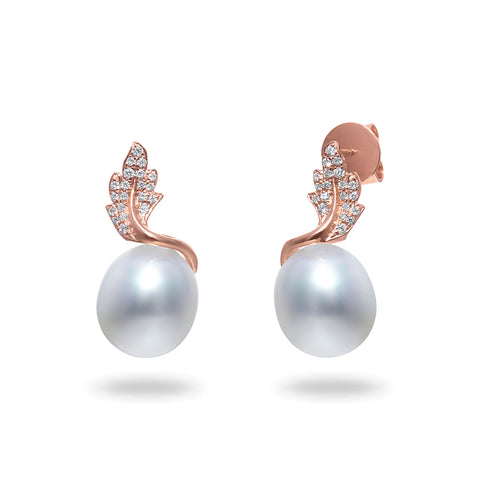 Leaf Collection 10-11mm White South Sea Pearl and Diamond Earrings