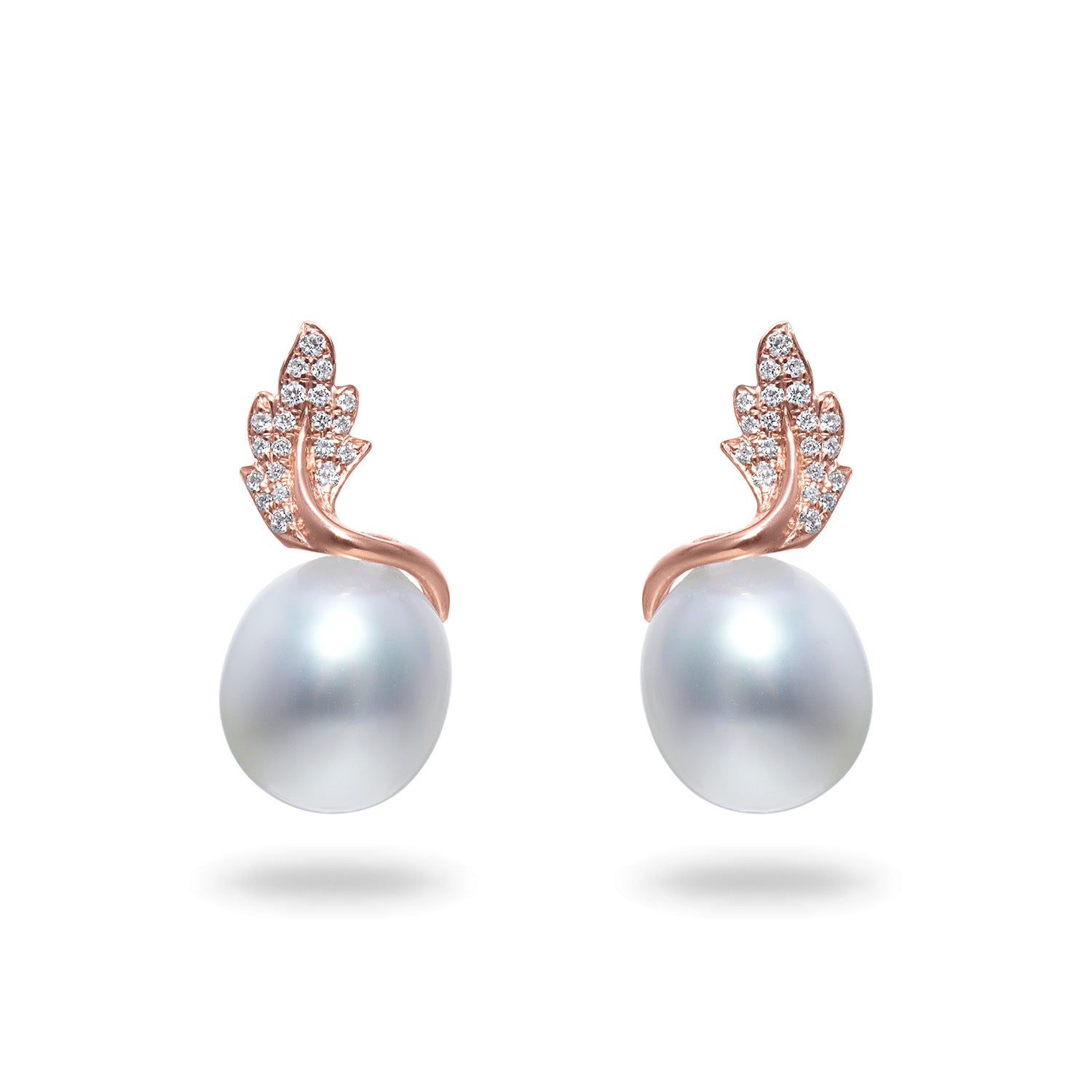 Leaf Collection 10-11mm White South Sea Pearl and Diamond Earrings