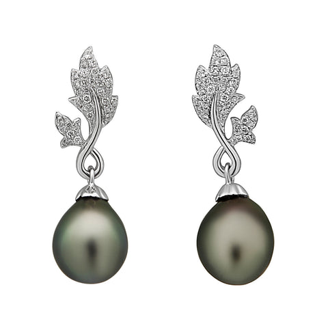 Leaf Collection 10-11mm White South Sea Pearl and Diamond Earrings