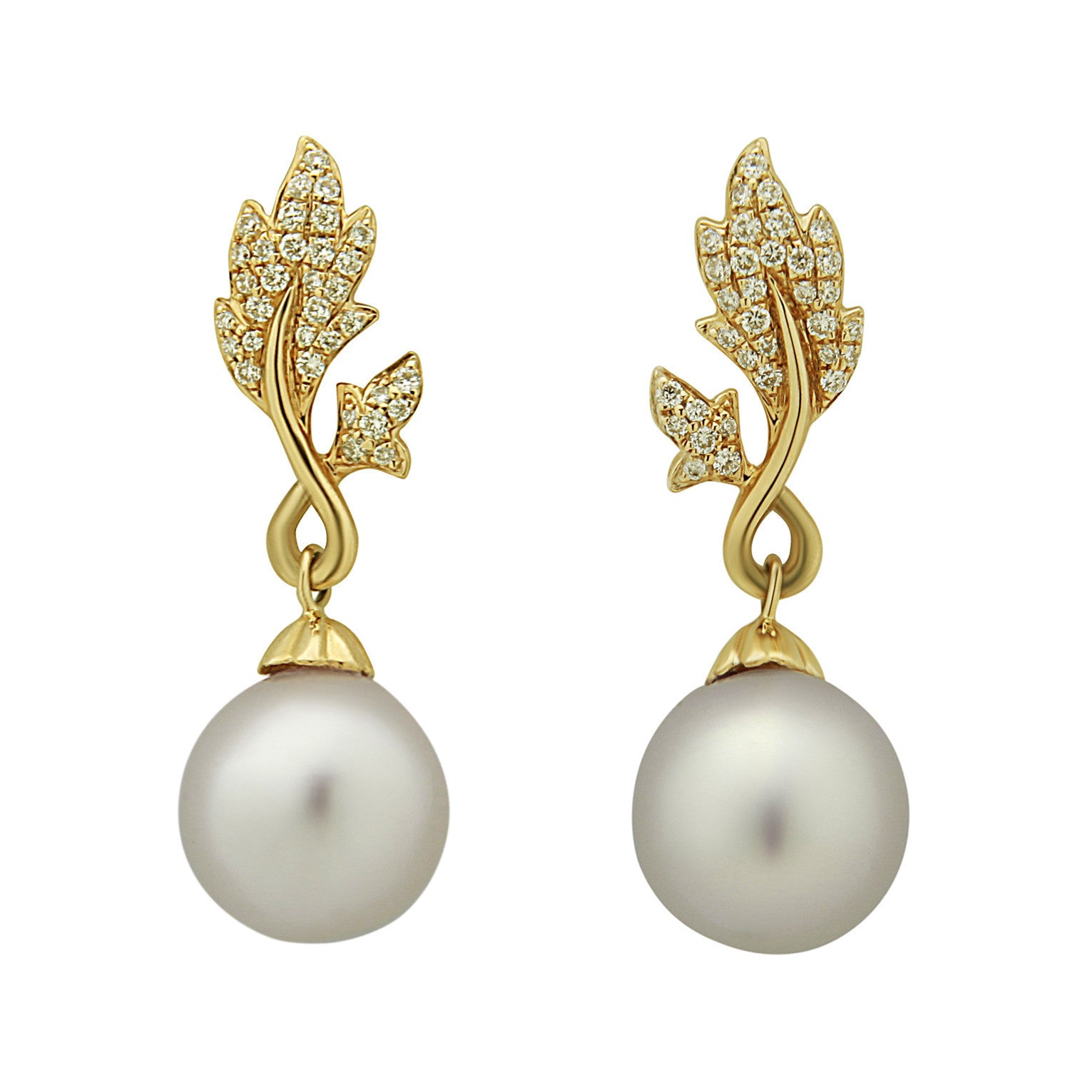 Leaf Collection 10-11mm White South Sea Pearl and Diamond Earrings