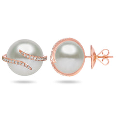 Oscar Collection  11-13mm Natural Color White South Sea Cultured Pearl and Diamond Earrings