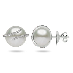 Oscar Collection  11-13mm Natural Color White South Sea Cultured Pearl and Diamond Earrings