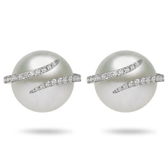 Oscar Collection  11-13mm Natural Color White South Sea Cultured Pearl and Diamond Earrings