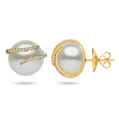 Oscar Collection  11-13mm Natural Color White South Sea Cultured Pearl and Diamond Earrings