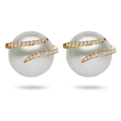 Oscar Collection  11-13mm Natural Color White South Sea Cultured Pearl and Diamond Earrings