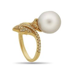 Leaf Collection 11-12mm White South Sea Pearl and Diamond Ring