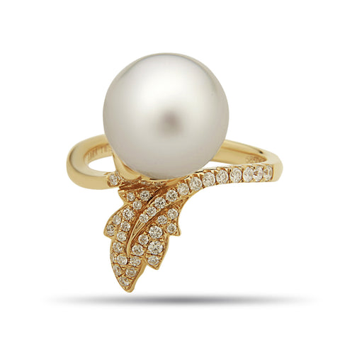 Leaf Collection 11-12mm White South Sea Pearl and Diamond Ring