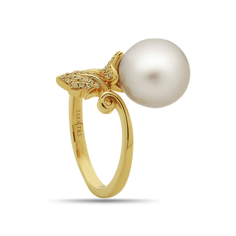 Leaf Collection 11-12mm White South Sea Pearl and Diamond Ring