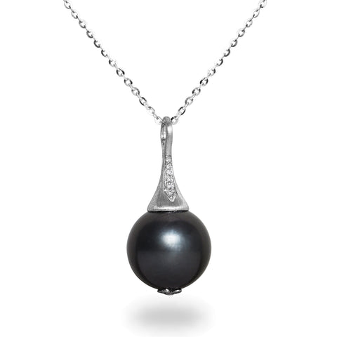 14-15mm Natural Color Tahitian Pearl and Diamond 14K White Gold Pendant Necklace